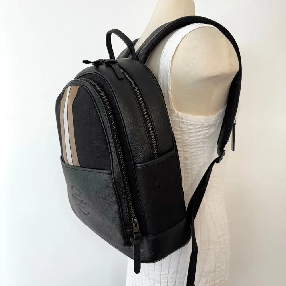 Coach Thompson Signature Jacquard Backpack Bag Varsity Stripe Canvas Leather